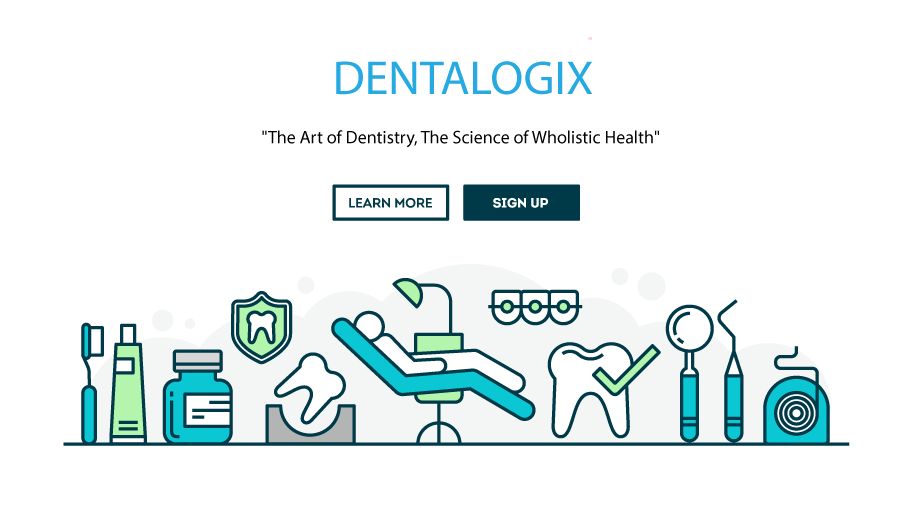 Dentalogix Hero Image, With Slogan Learn More Button and Signup Button